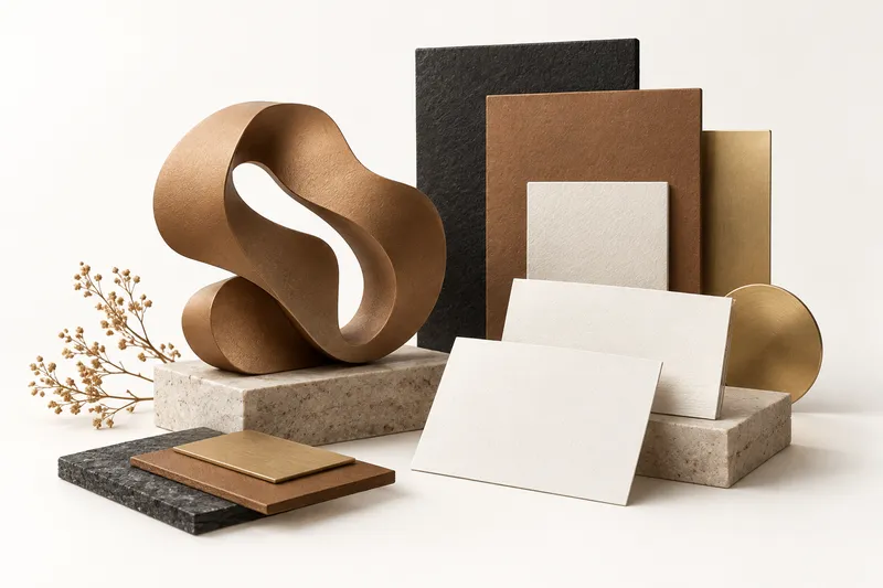 Abstract identity sculpture, blank stationery and colour swatches in NEST8 brown and gold.