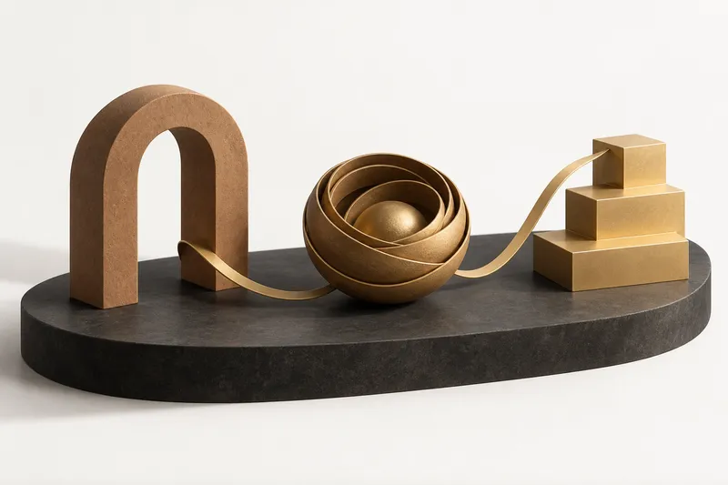 An arch, protective nest and rising steps connected by one ribbon: Build, Host and Grow.