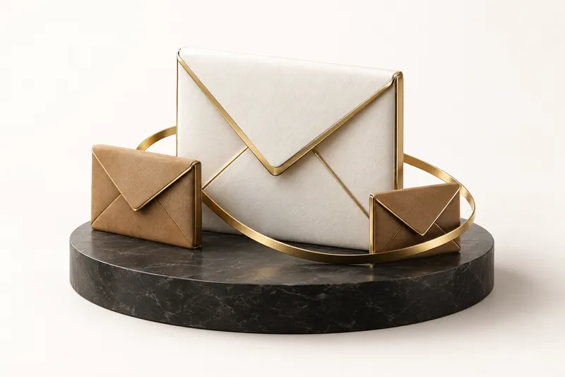 Cream and brown envelope sculptures connected by a gold ribbon.