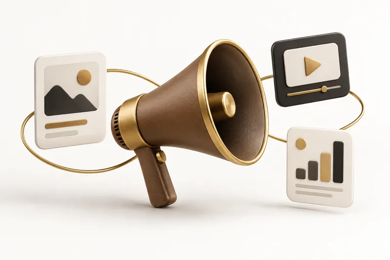 A brown and gold megaphone with connected abstract content panels.