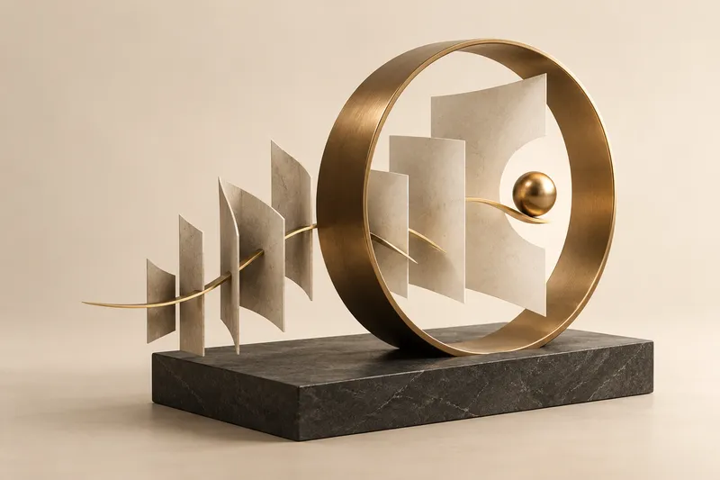 Layered cream planes passing through a bronze perspective ring, connected by a gold path.