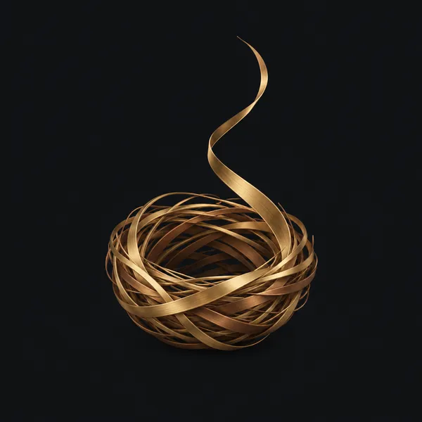 An open sculptural nest of gold and brown strands, with a ribbon rising towards the next chapter.