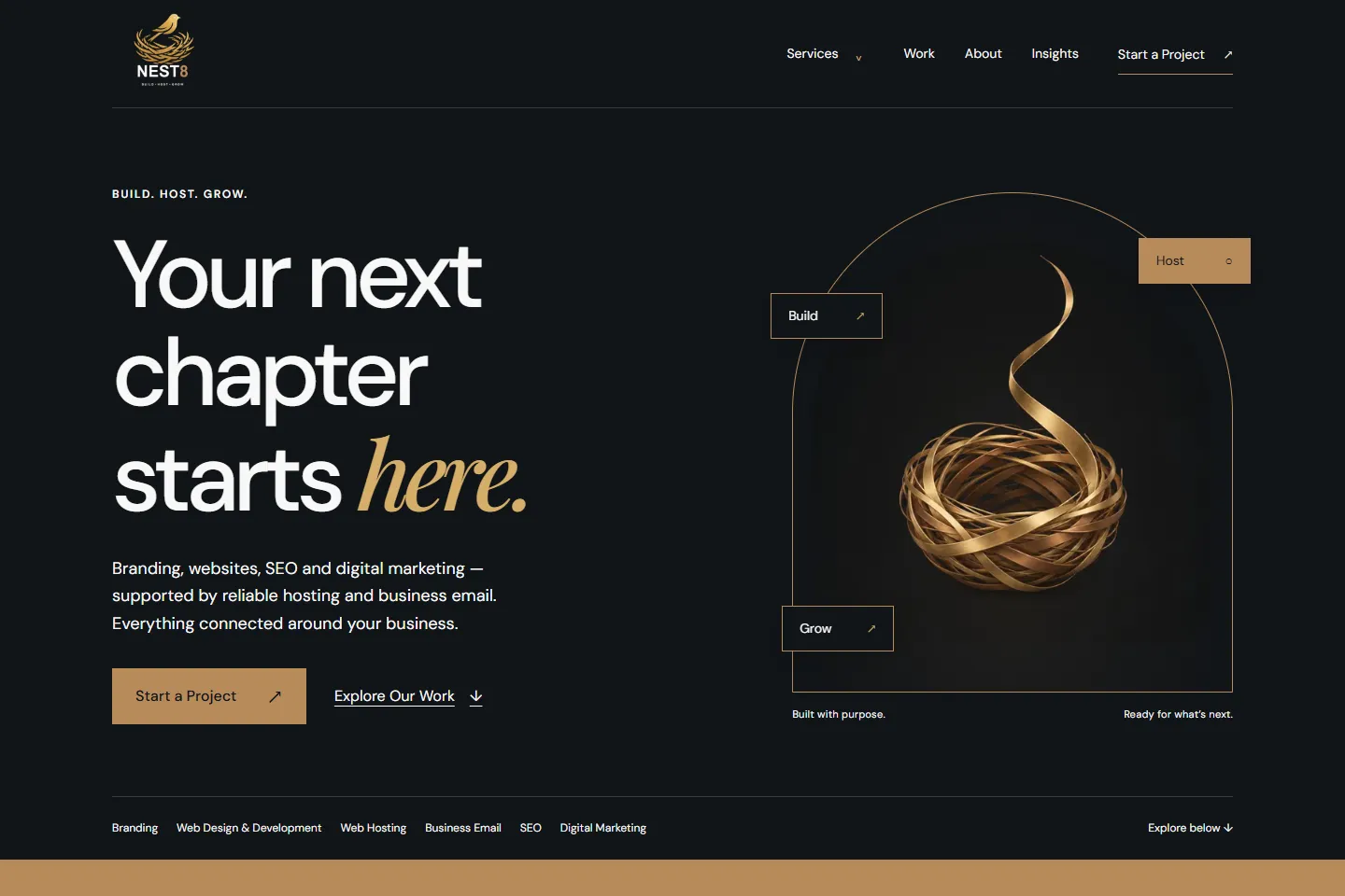 NEST8 homepage design shown on a desktop screen