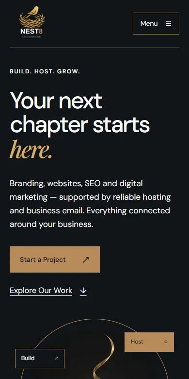 The same NEST8 homepage adapted to a mobile screen