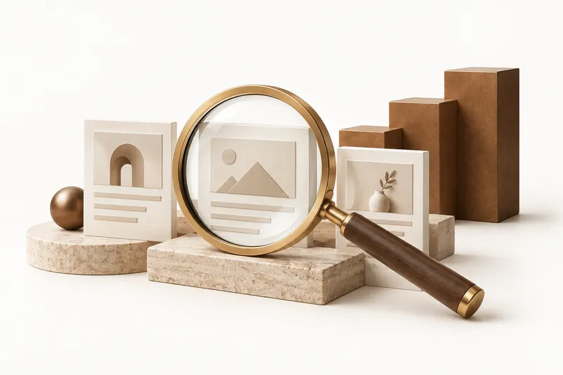 A brass magnifying glass examining content tiles beside ascending steps.