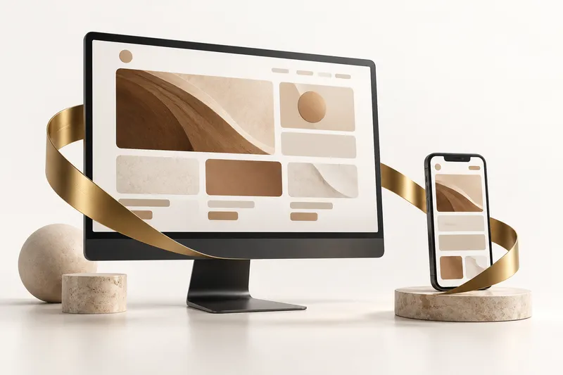 Desktop and mobile screens with coordinated abstract website layouts.