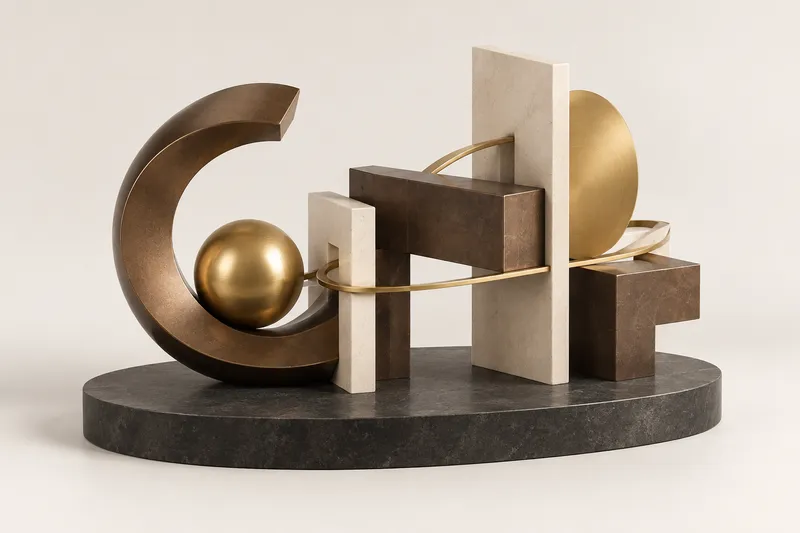 Interlocking bronze curves, cream planes and gold forms connected by a ribbon on a charcoal stone base.